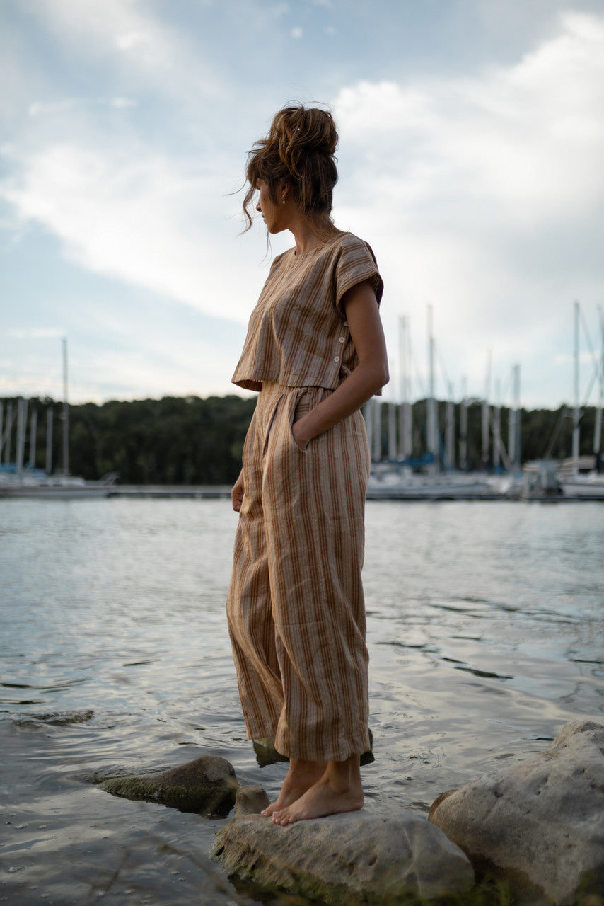 Katie Handwoven Cotton Set in Mustard and Cream Stripe - M Pants