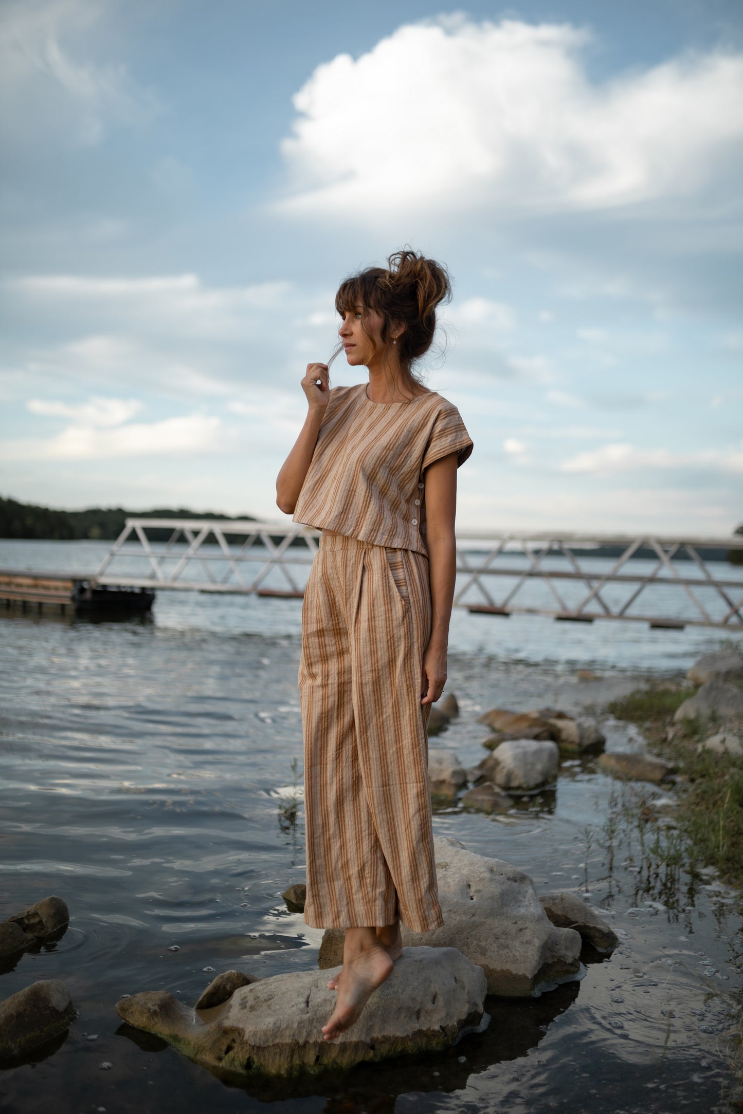 Katie Handwoven Cotton Crop Set in Mustard and Cream Stripe - Pre-Order 2/30