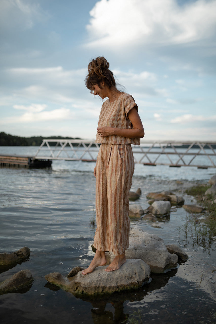 Katie Handwoven Cotton Set in Mustard and Cream Stripe - M Pants