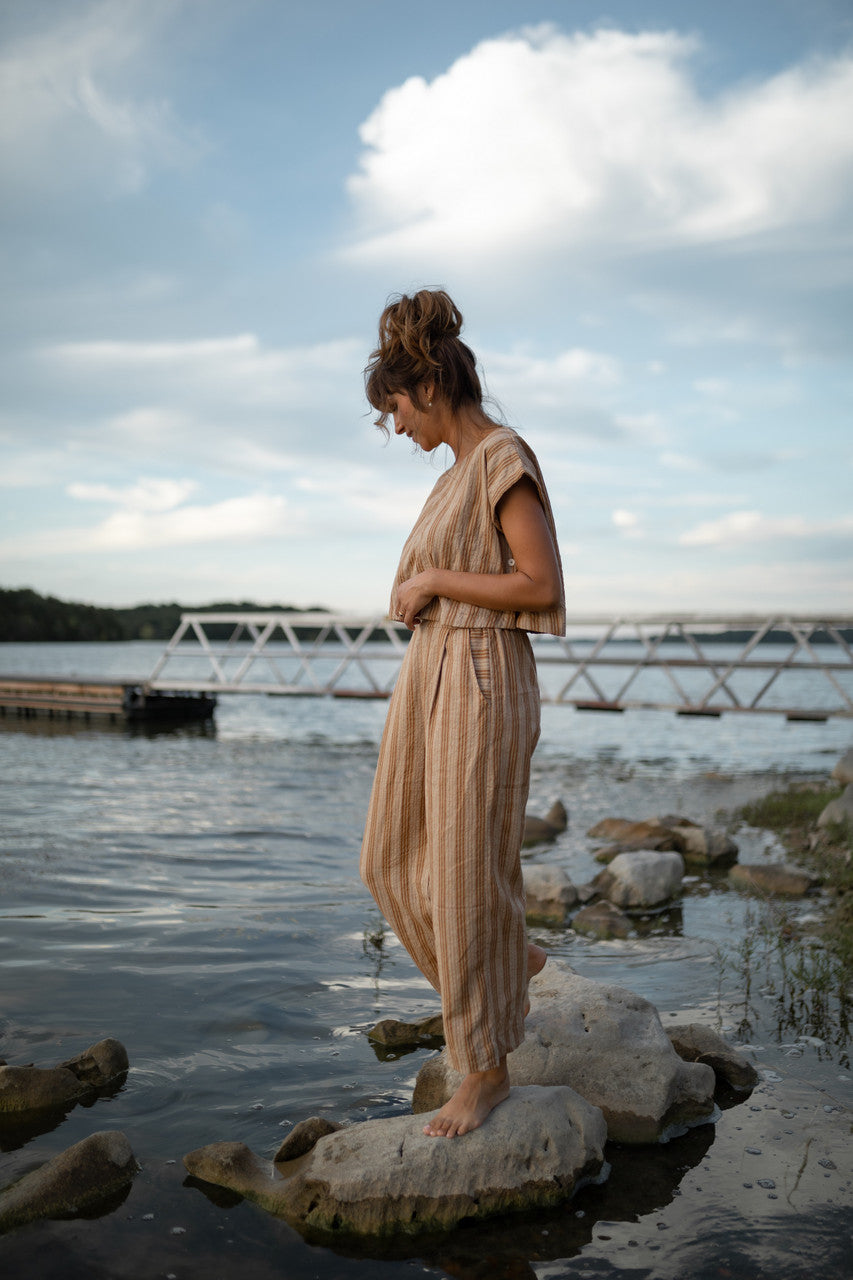 Katie Handwoven Cotton Set in Mustard and Cream Stripe - M Pants