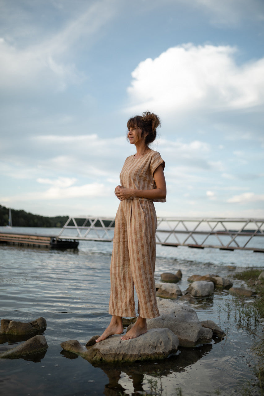 Katie Handwoven Cotton Set in Mustard and Cream Stripe - M Pants