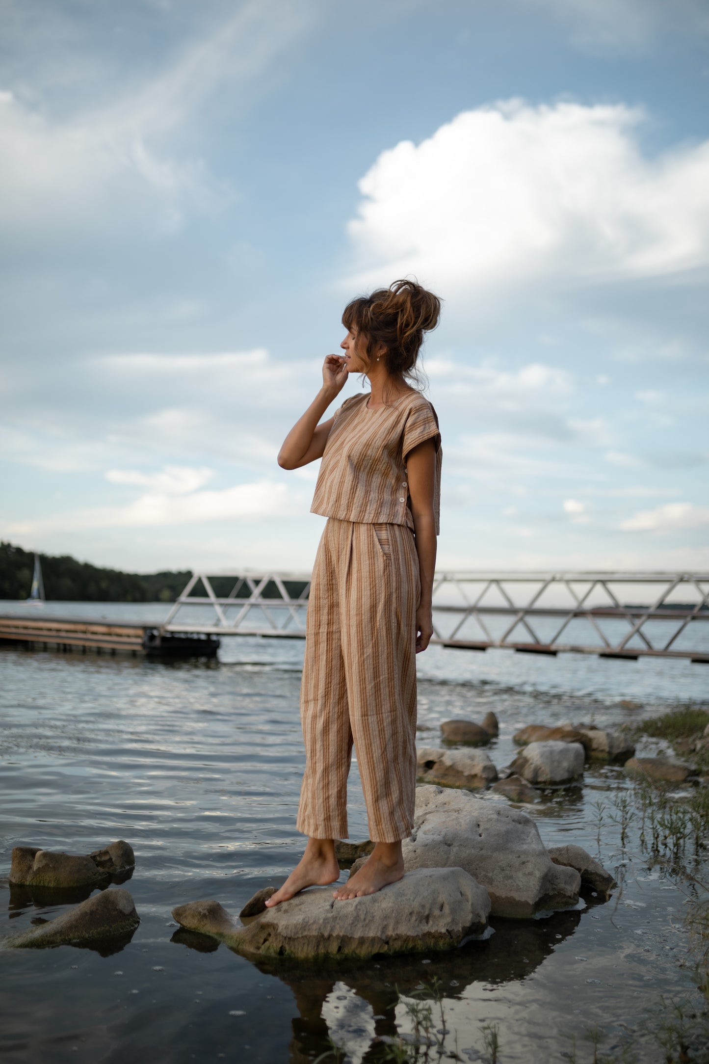 Katie Handwoven Cotton Crop Set in Mustard and Cream Stripe - Pre-Order 2/30