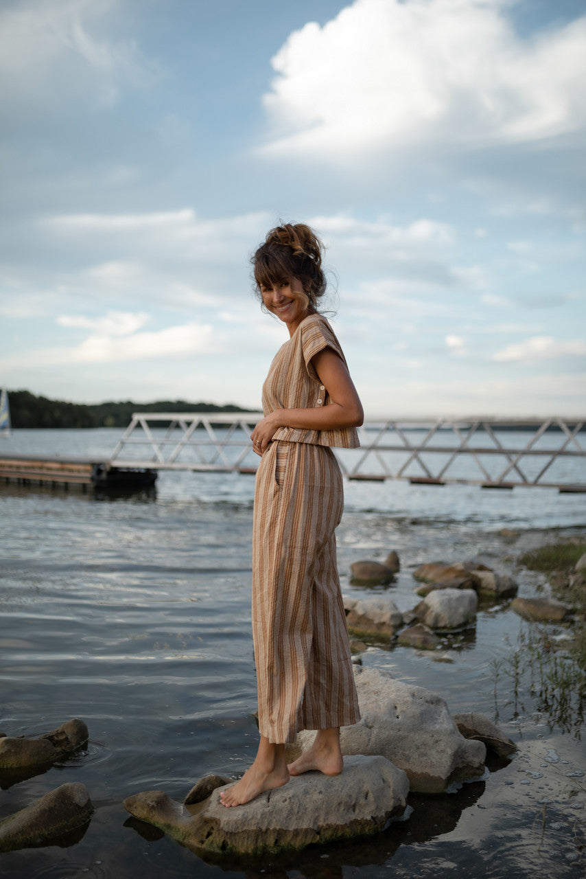 Katie Handwoven Cotton Set in Mustard and Cream Stripe - M Pants