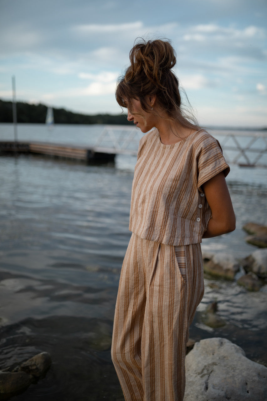 Katie Handwoven Cotton Set in Mustard and Cream Stripe - M Pants