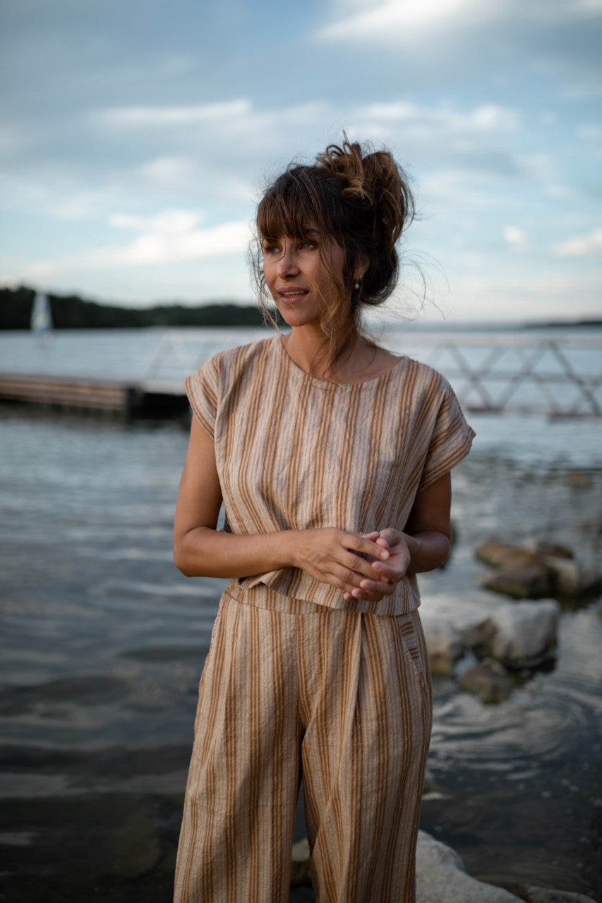 Katie Handwoven Cotton Set in Mustard and Cream Stripe - M Pants