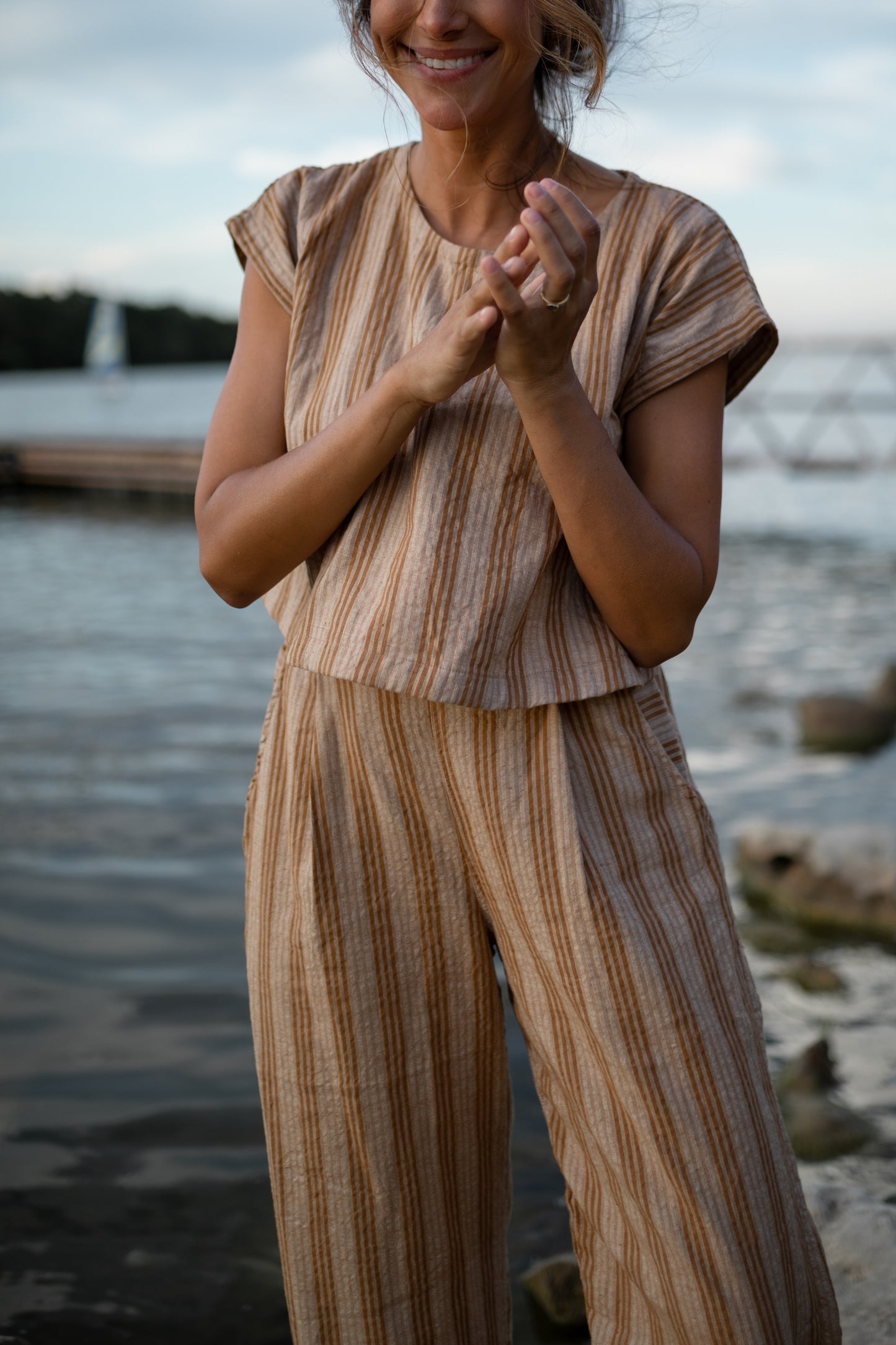 Katie Handwoven Cotton Crop Set in Mustard and Cream Stripe - Pre-Order 2/30