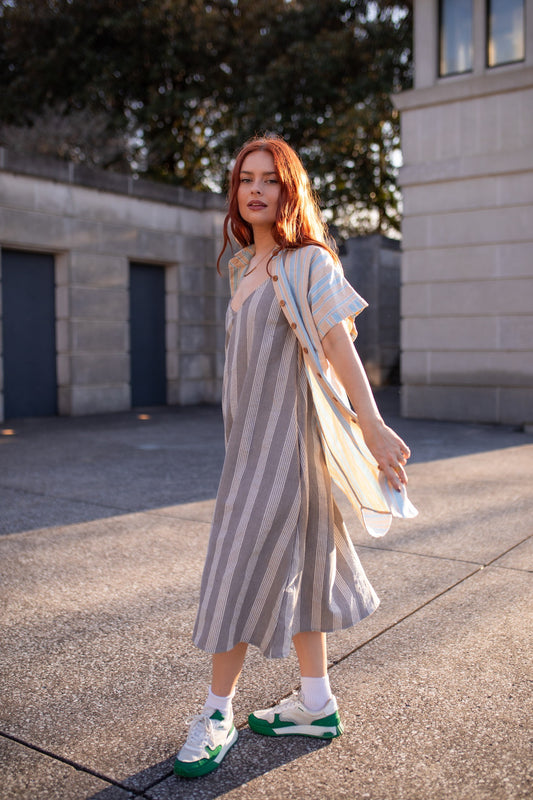 Paige Handwoven Cotton Relaxed Shirt Dress in Beige and Blue Stripe - Pre-Order 2/30