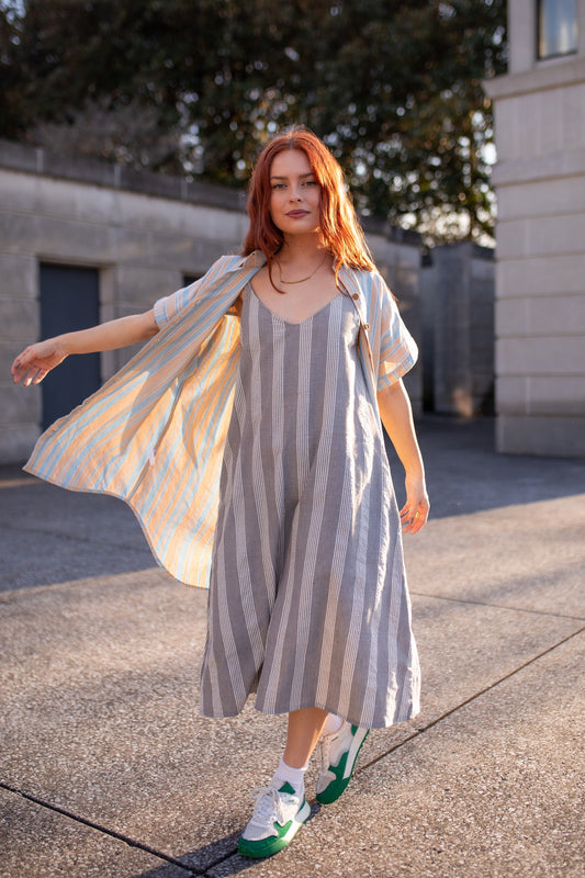 Paige Handwoven Cotton Relaxed Shirt Dress in Beige and Blue Stripe - Pre-Order 2/30