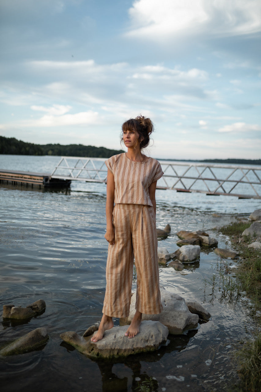 Katie Handwoven Cotton Set in Mustard and Cream Stripe - M Pants