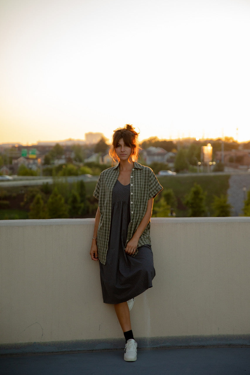 Paige Handwoven Cotton Relaxed Shirt Dress in Green Gingham