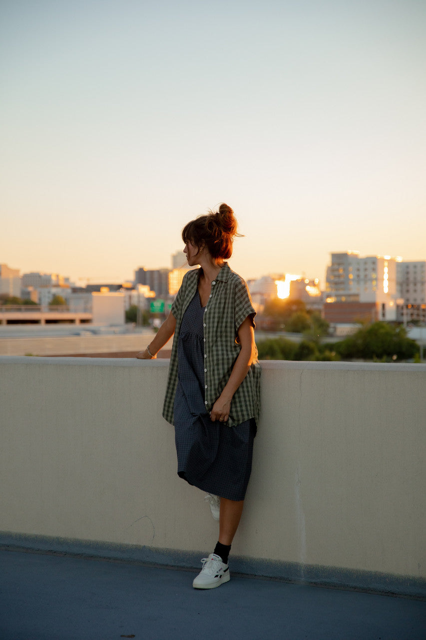 Paige Handwoven Cotton Relaxed Shirt Dress in Green Gingham