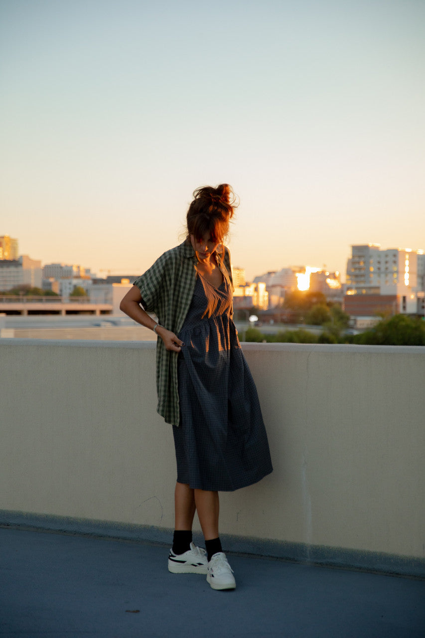 Paige Handwoven Cotton Relaxed Shirt Dress in Green Gingham