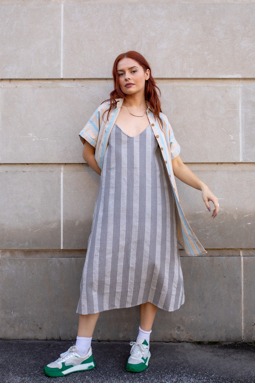 Paige Handwoven Cotton Relaxed Shirt Dress in Beige and Blue Stripe - Pre-Order 2/30