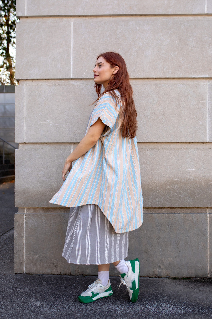 Paige Handwoven Cotton Relaxed Shirt Dress in Beige and Blue Stripe - Pre-Order 2/30