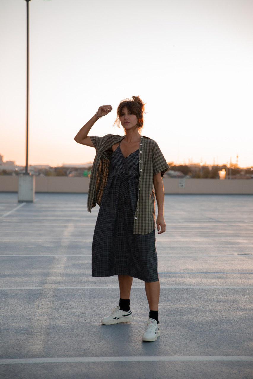 Paige Handwoven Cotton Relaxed Shirt Dress in Green Gingham