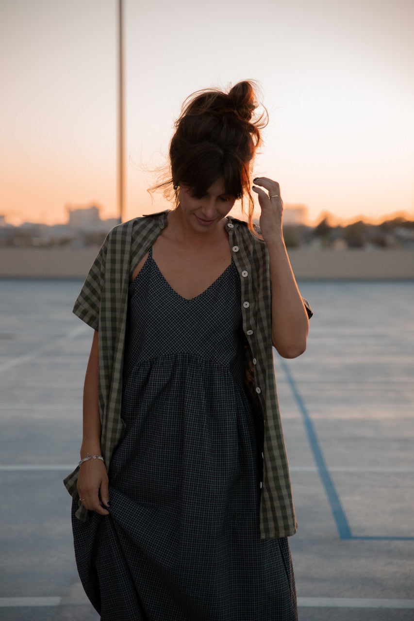 Paige Handwoven Cotton Relaxed Shirt Dress in Green Gingham