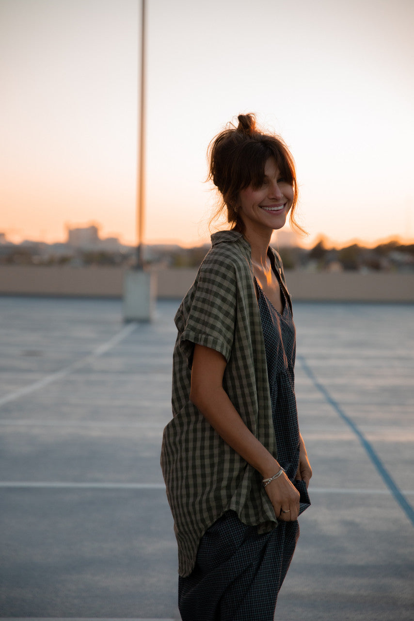 Paige Handwoven Cotton Relaxed Shirt Dress in Green Gingham