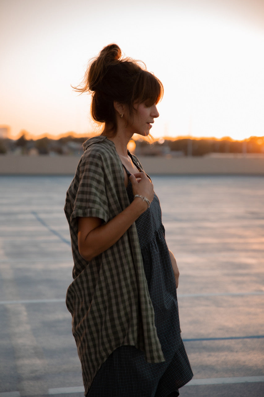 Paige Handwoven Cotton Relaxed Shirt Dress in Green Gingham