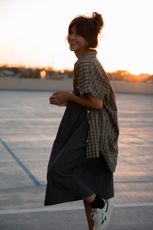 Paige Handwoven Cotton Relaxed Shirt Dress in Green Gingham