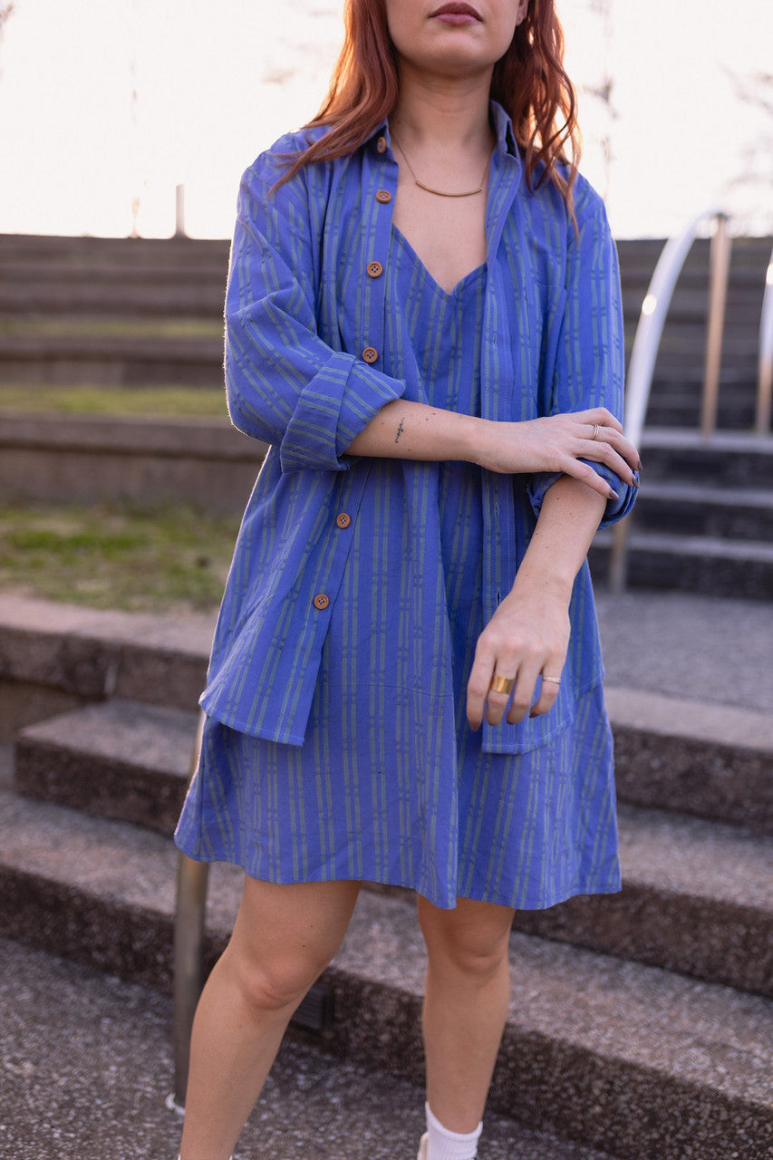 Jo Handwoven Cotton Long Sleeve Button-Up in Periwinkle and Kelly Green  - Pre-Order 2/30