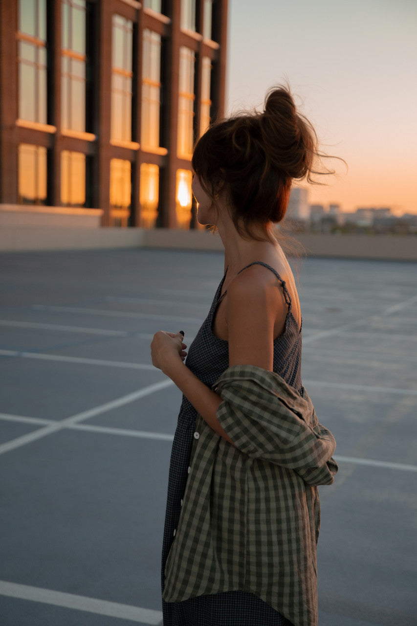 Paige Handwoven Cotton Relaxed Shirt Dress in Green Gingham