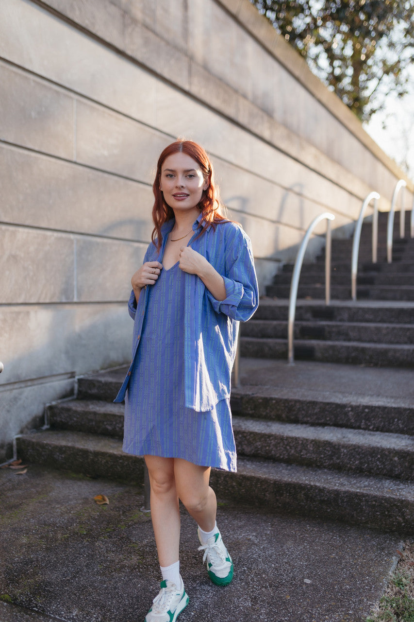 Jo Handwoven Cotton Long Sleeve Button-Up in Periwinkle and Kelly Green  - Pre-Order 2/30