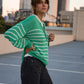 Aiden Classic Breton Style Henley in Green and White Stripe Made to Order