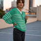 Aiden Classic Breton Style Henley in Green and White Stripe Made to Order