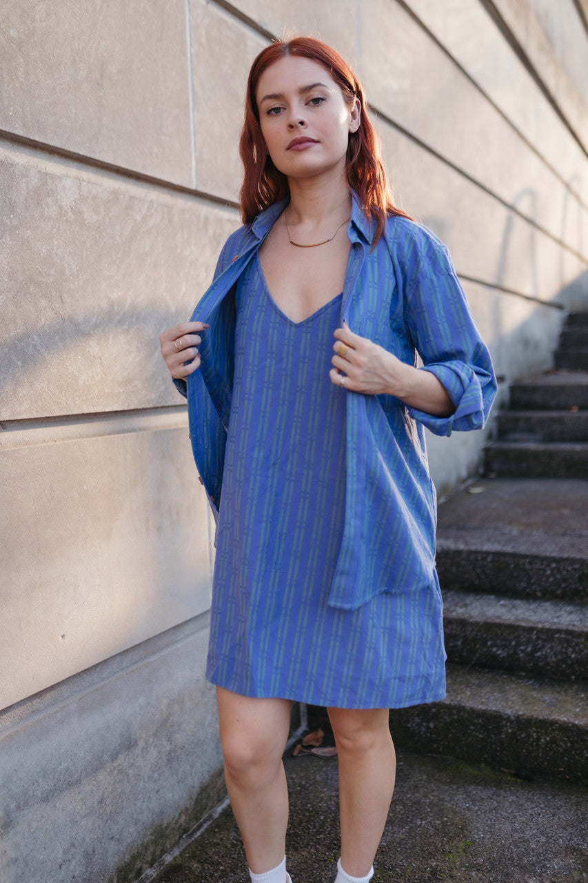 Jo Handwoven Cotton Long Sleeve Button-Up in Periwinkle and Kelly Green  - Pre-Order 2/30