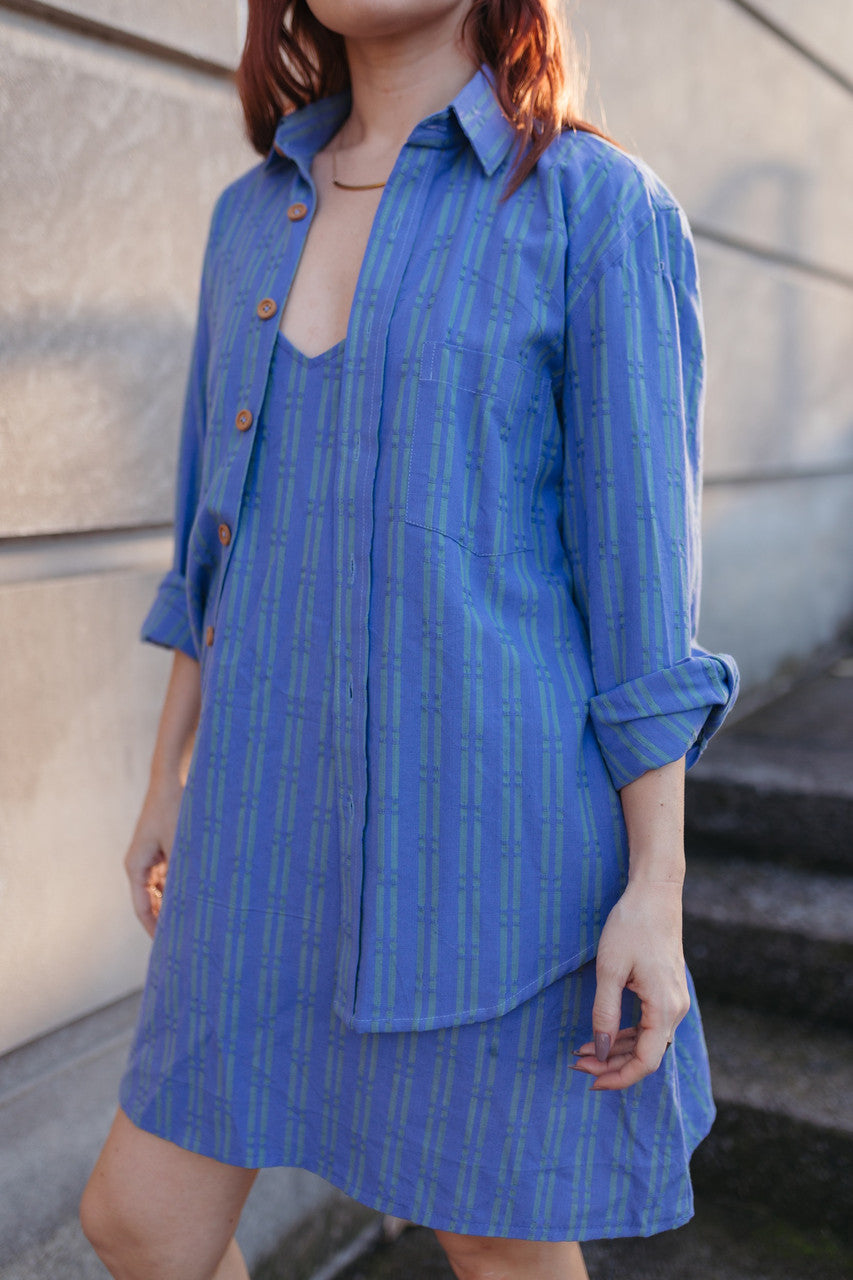 Ruthi Handwoven Cotton Dress in Periwinkle and Kelly Green  - Pre-Order 2/30