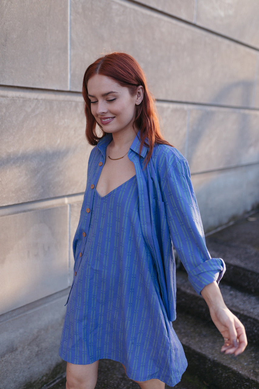 Ruthi Handwoven Cotton Dress in Periwinkle and Kelly Green  - Pre-Order 2/30