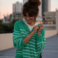 Aiden Classic Breton Style Henley in Green and White Stripe Made to Order