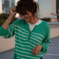 Aiden Classic Breton Style Henley in Green and White Stripe Made to Order