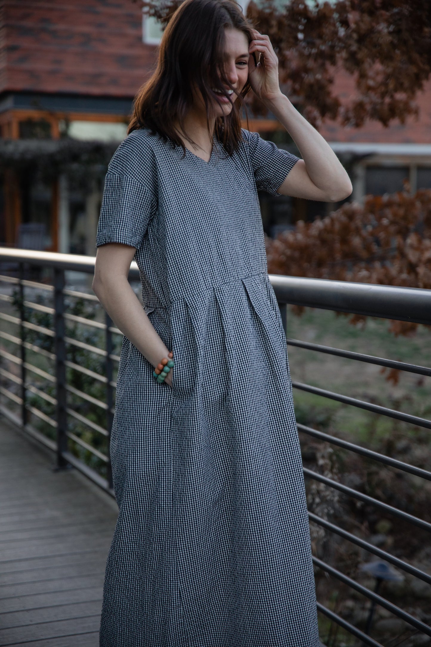 Eloise Handwoven Cotton Dress in Black and White Gingham - L Left