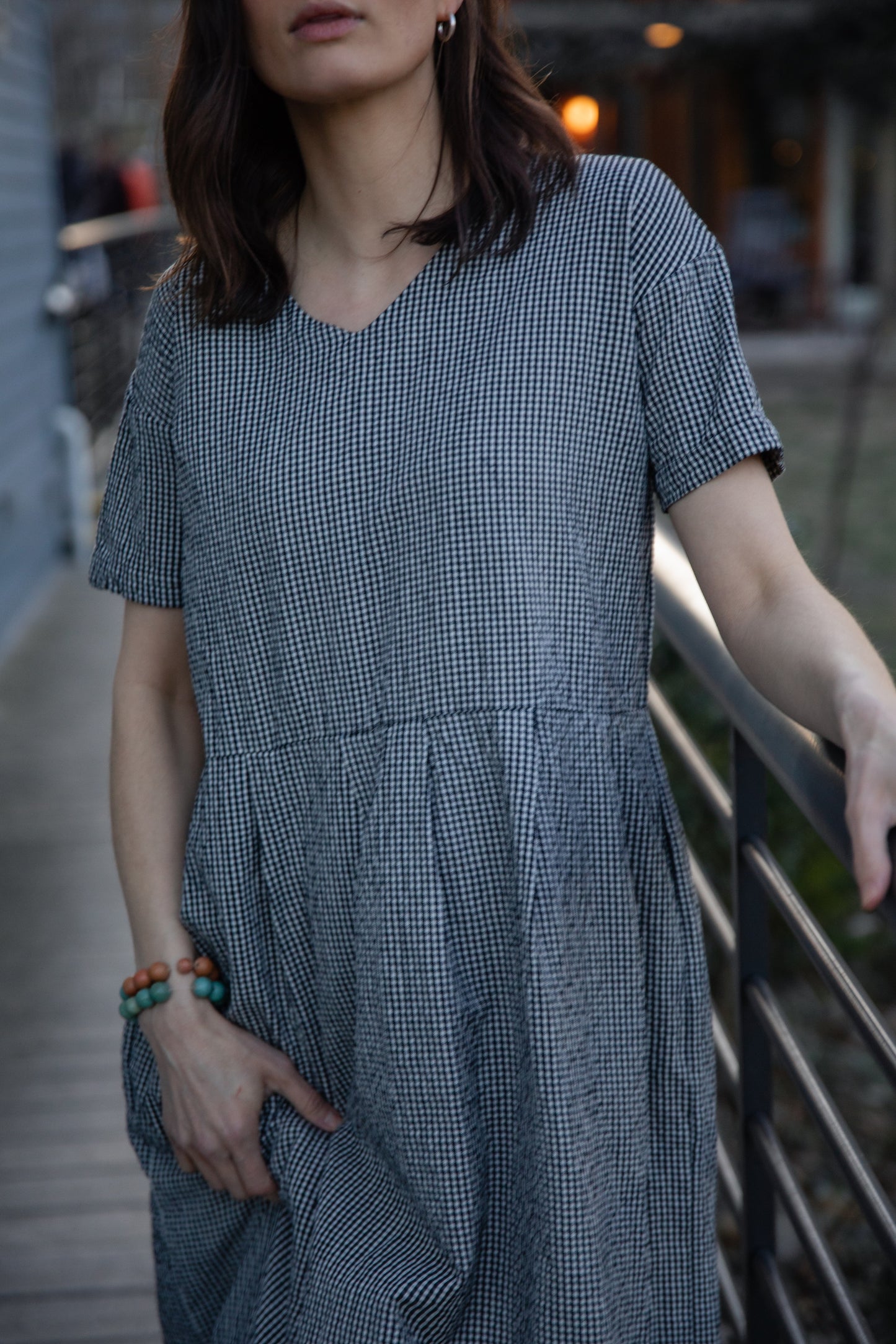Eloise Handwoven Cotton Dress in Black and White Gingham - L Left