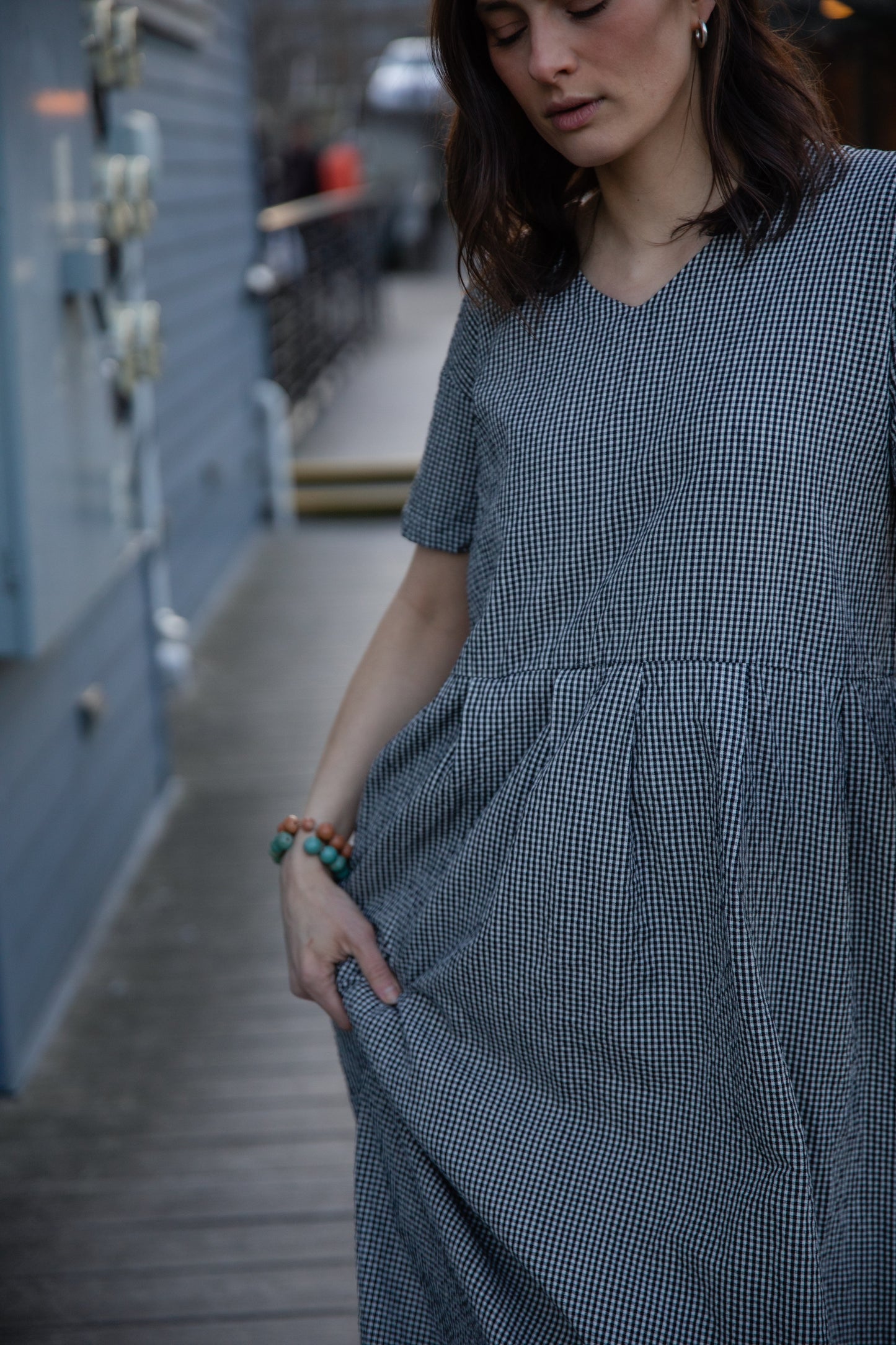 Eloise Handwoven Cotton Dress in Black and White Gingham - L Left