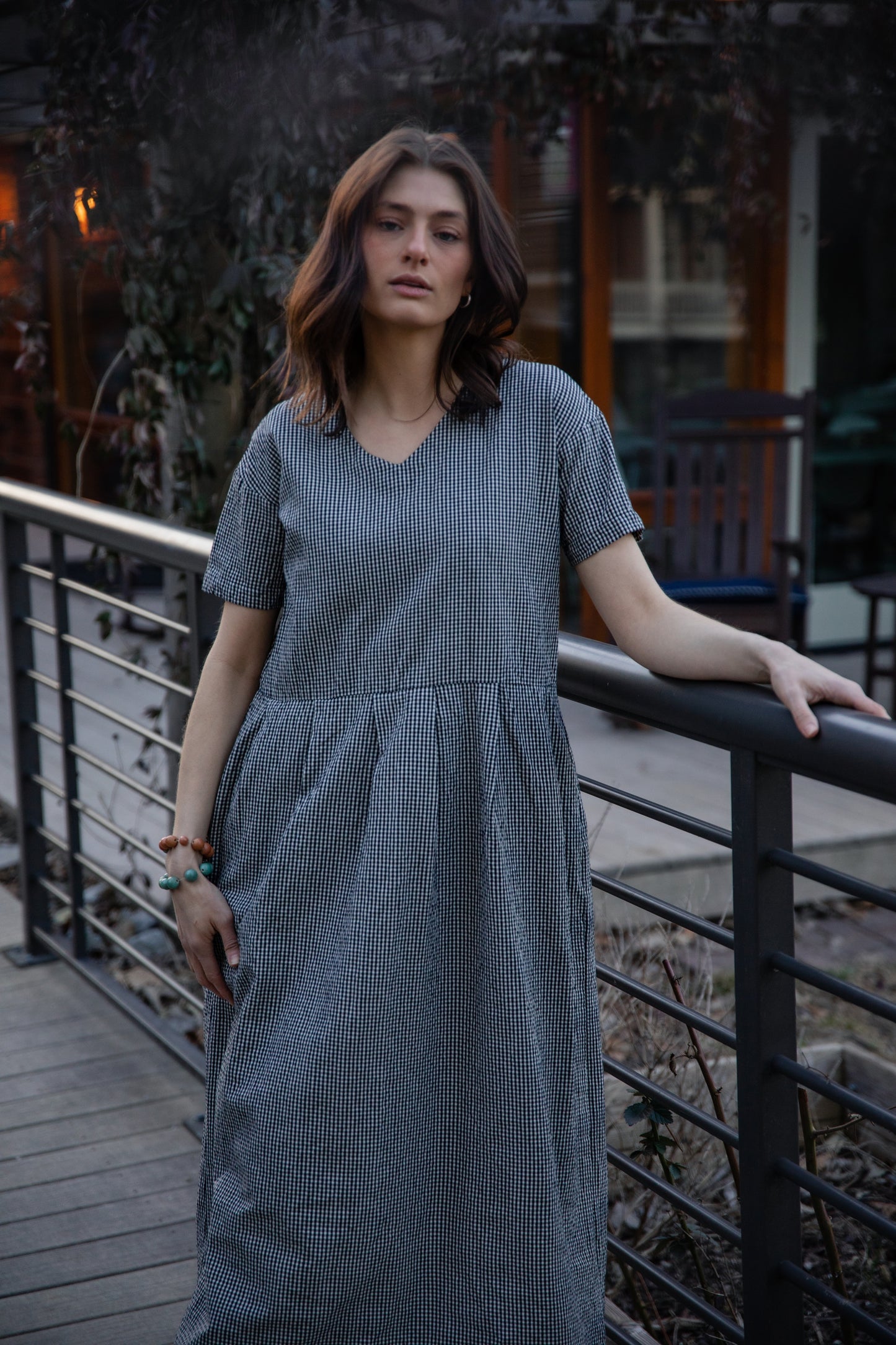 Eloise Handwoven Cotton Dress in Black and White Gingham - L Left