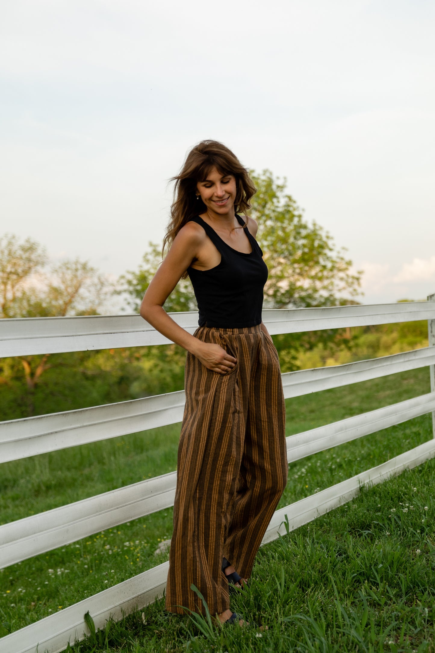 Katie Handwoven Cotton Pants in Brown and Mustard Stripe Made to Order