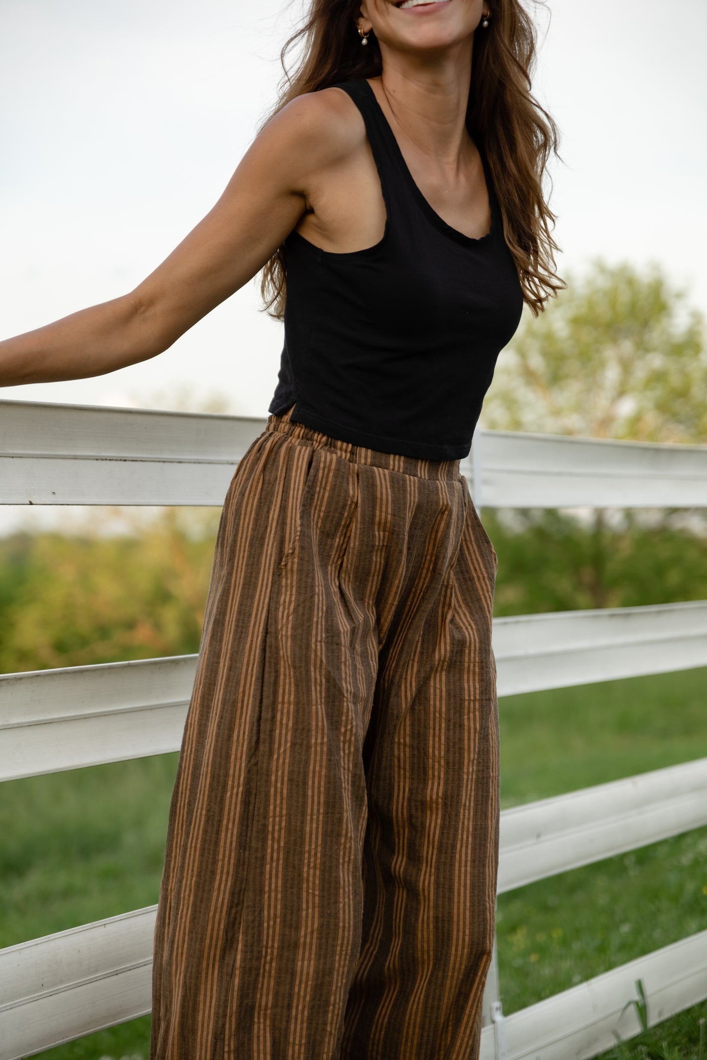 Katie Handwoven Cotton Pants in Brown and Mustard Stripe Made to Order