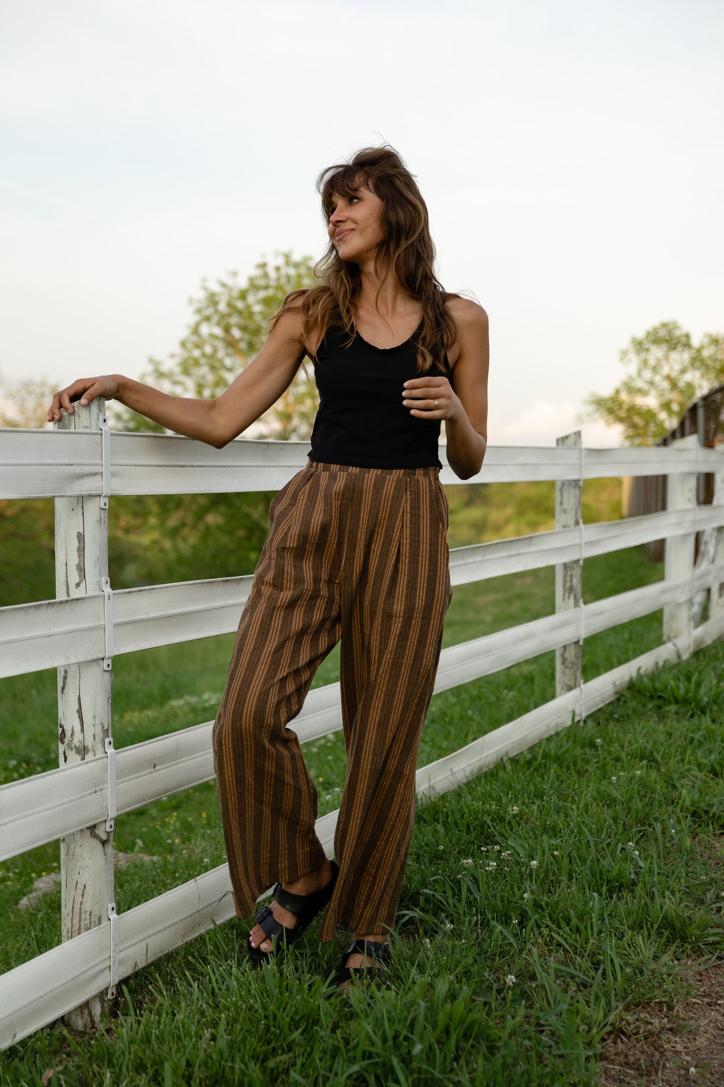 Katie Handwoven Cotton Pants in Brown and Mustard Stripe Made to Order