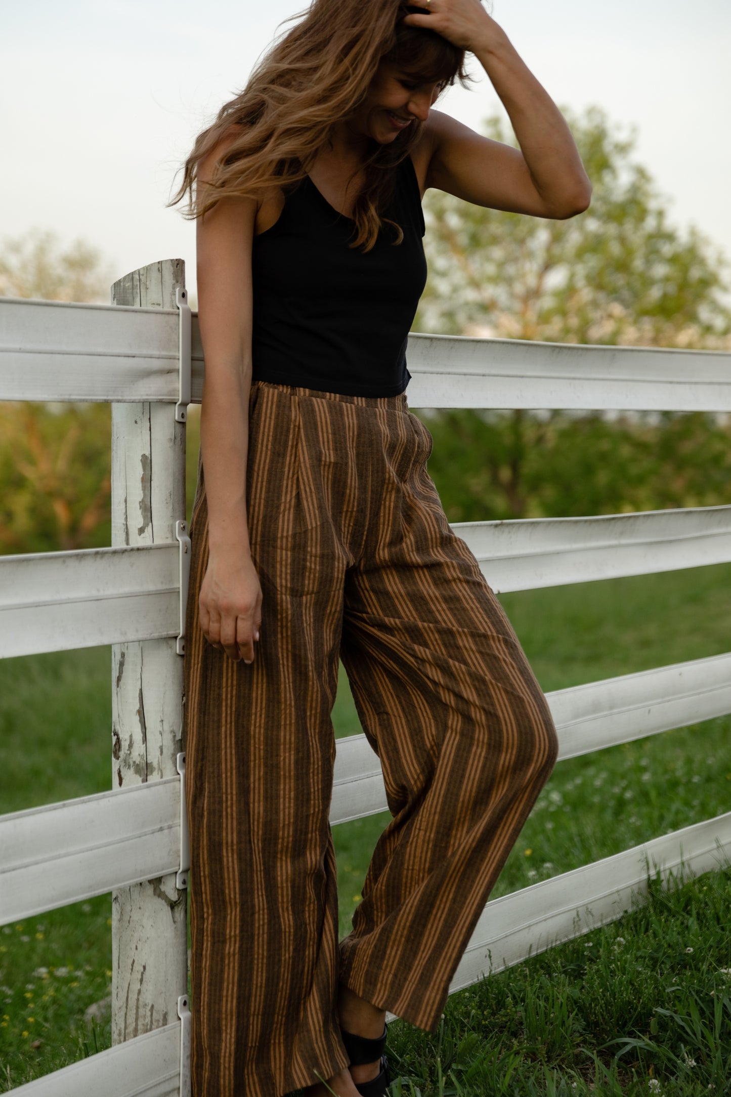 Katie Handwoven Cotton Pants in Brown and Mustard Stripe Made to Order