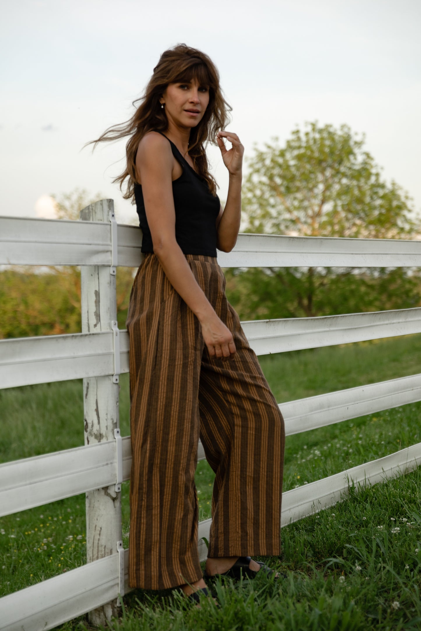 Katie Handwoven Cotton Pants in Brown and Mustard Stripe Made to Order