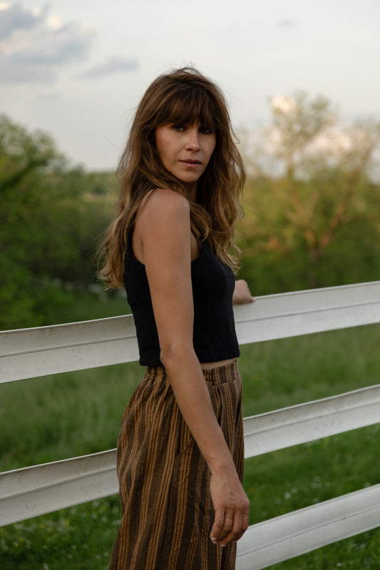 Katie Handwoven Cotton Pants in Brown and Mustard Stripe Made to Order