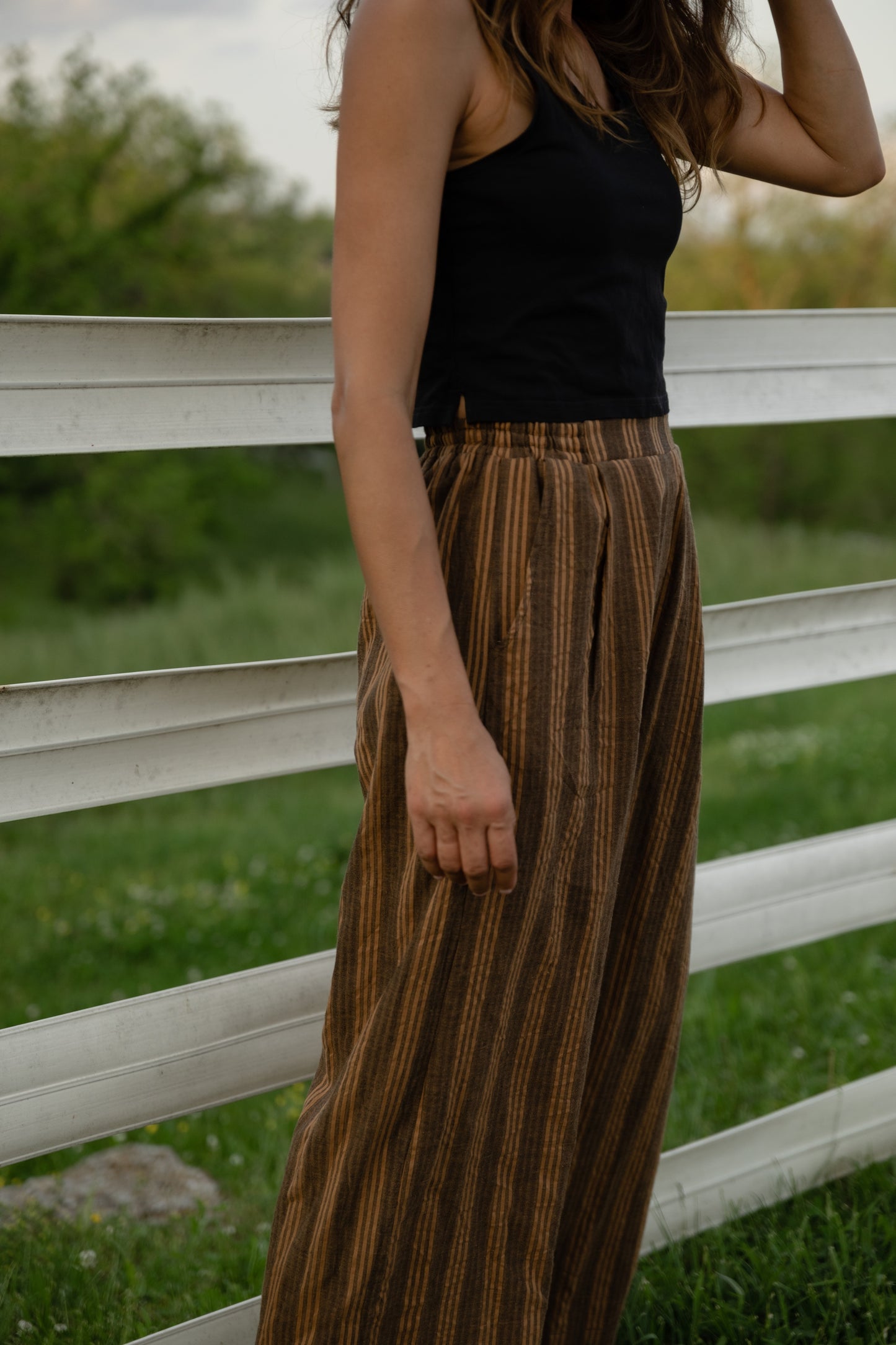 Katie Handwoven Cotton Pants in Brown and Mustard Stripe Made to Order