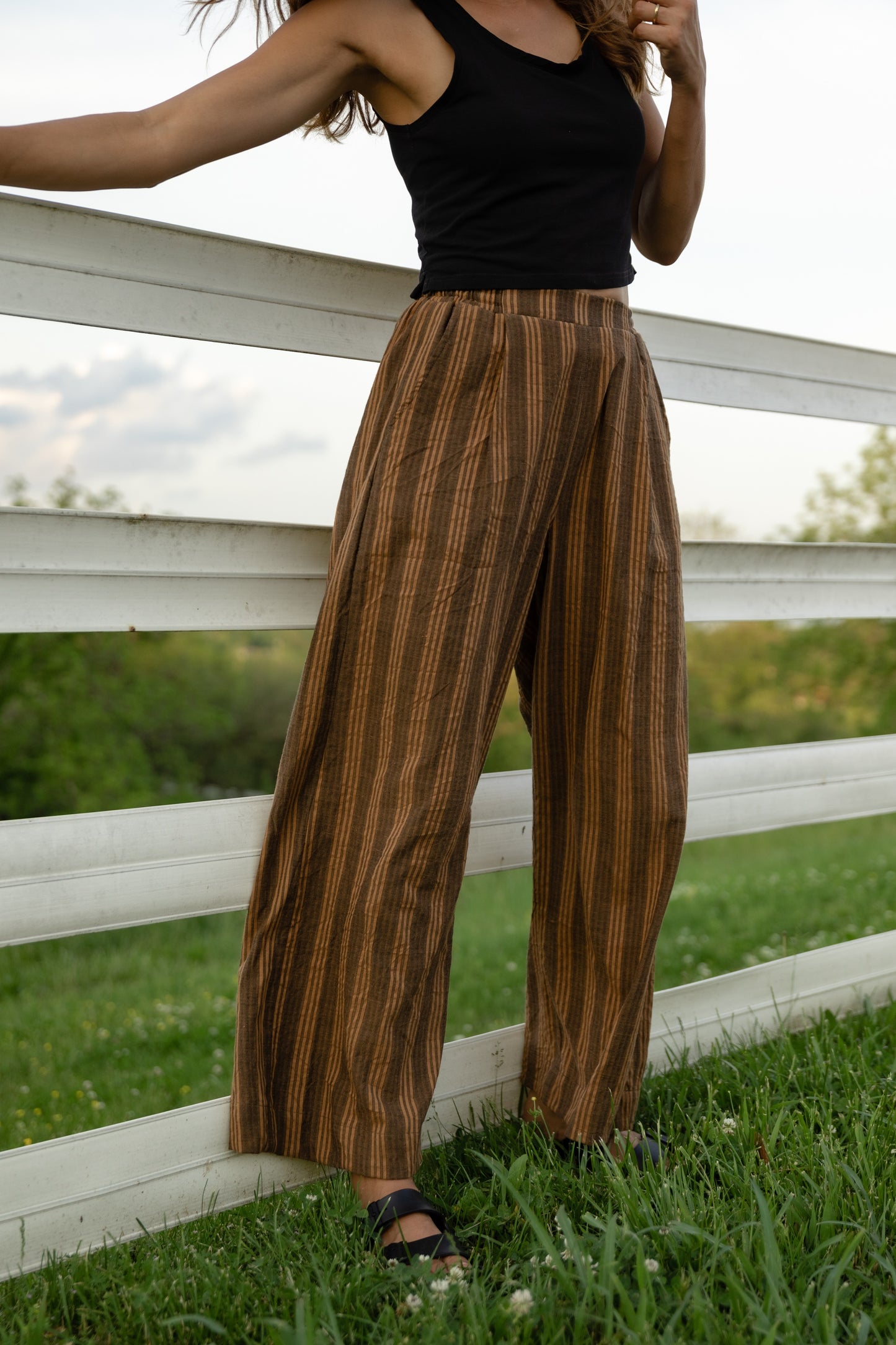 Katie Handwoven Cotton Pants in Brown and Mustard Stripe Made to Order