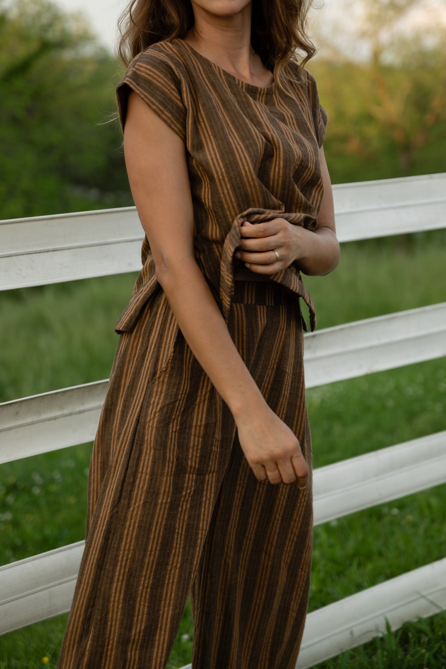 Katie Handwoven Cotton Pants in Brown and Mustard Stripe Made to Order