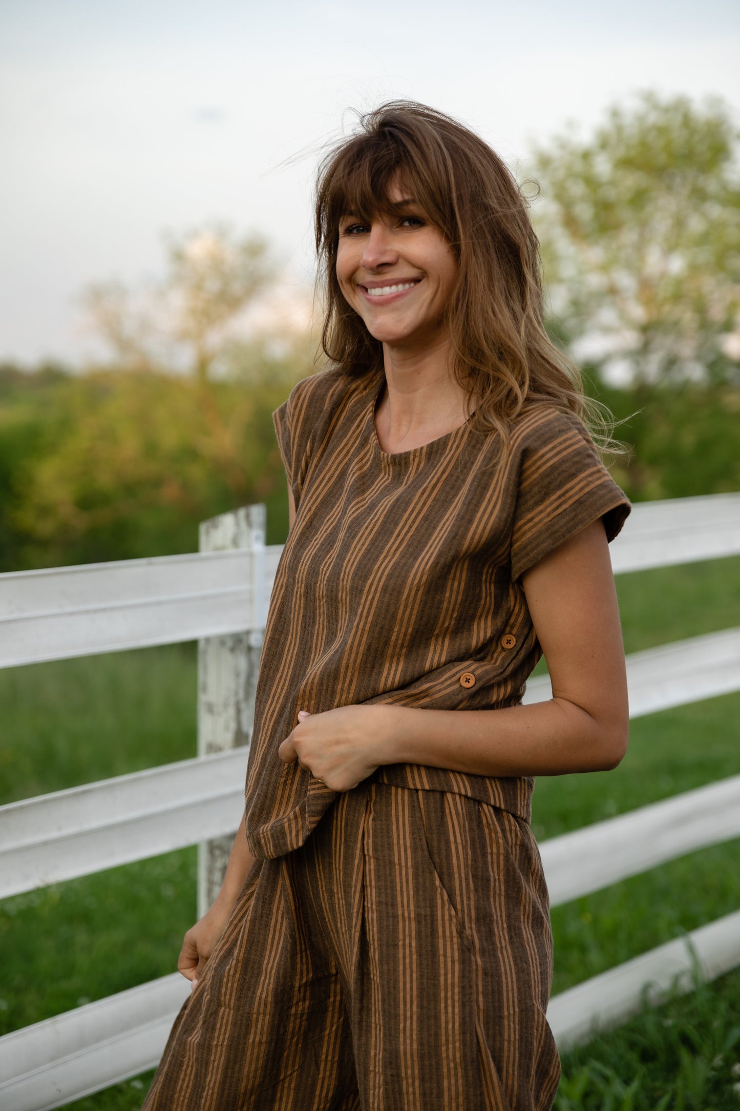 Katie Handwoven Cotton Pants in Brown and Mustard Stripe Made to Order