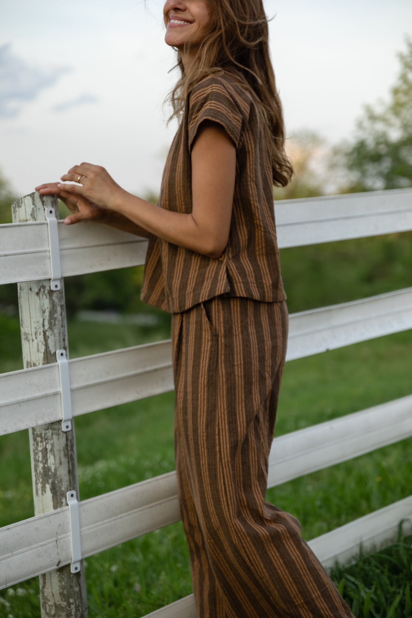 Katie Handwoven Cotton Pants in Brown and Mustard Stripe Made to Order
