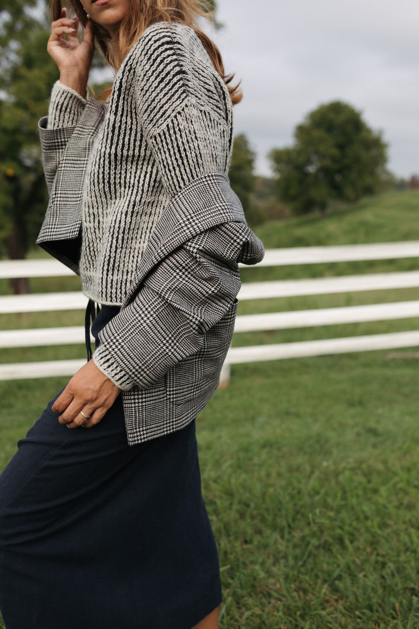 Portuguese Wool Pieper Coat in Black and Cream Houndstooth Plaid Weave - Pre-Order 12/31