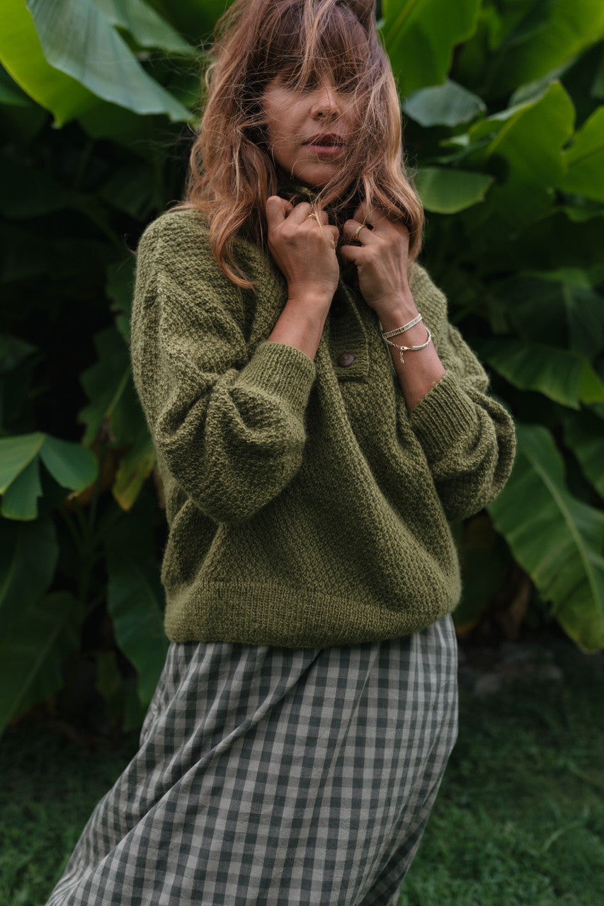 Imogene Oversized Wool Henley in Moss - Pre-Order 2/30